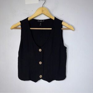aqua linen blend sleeveless Crop Button Down Vest Black Small